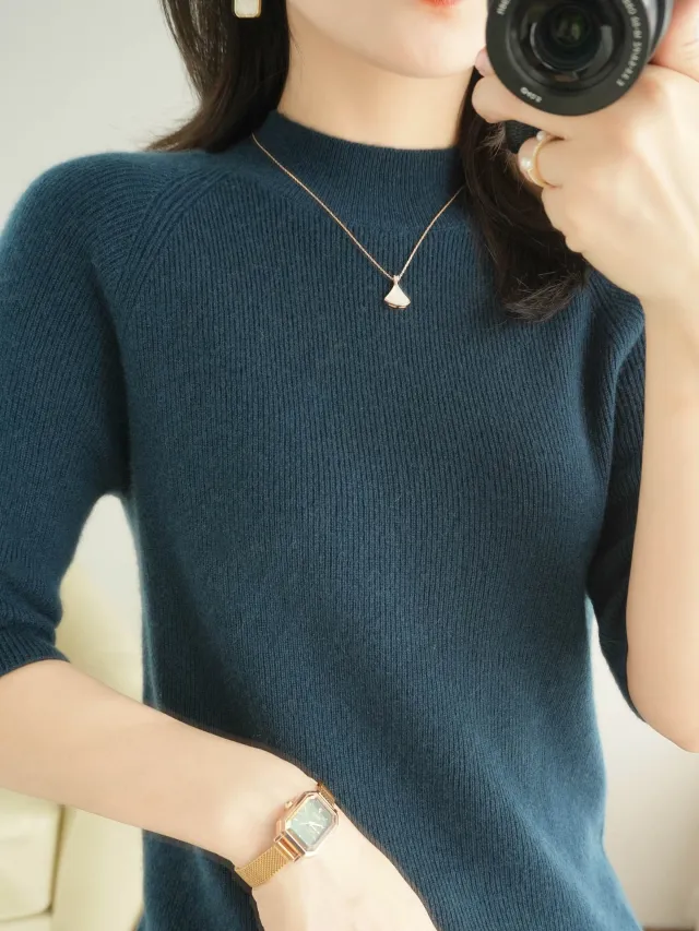 Wool Blended Autumn And Winter New Women's Mock neck Mid length Sleeve Knitwear Blue - Shop at LoveMi