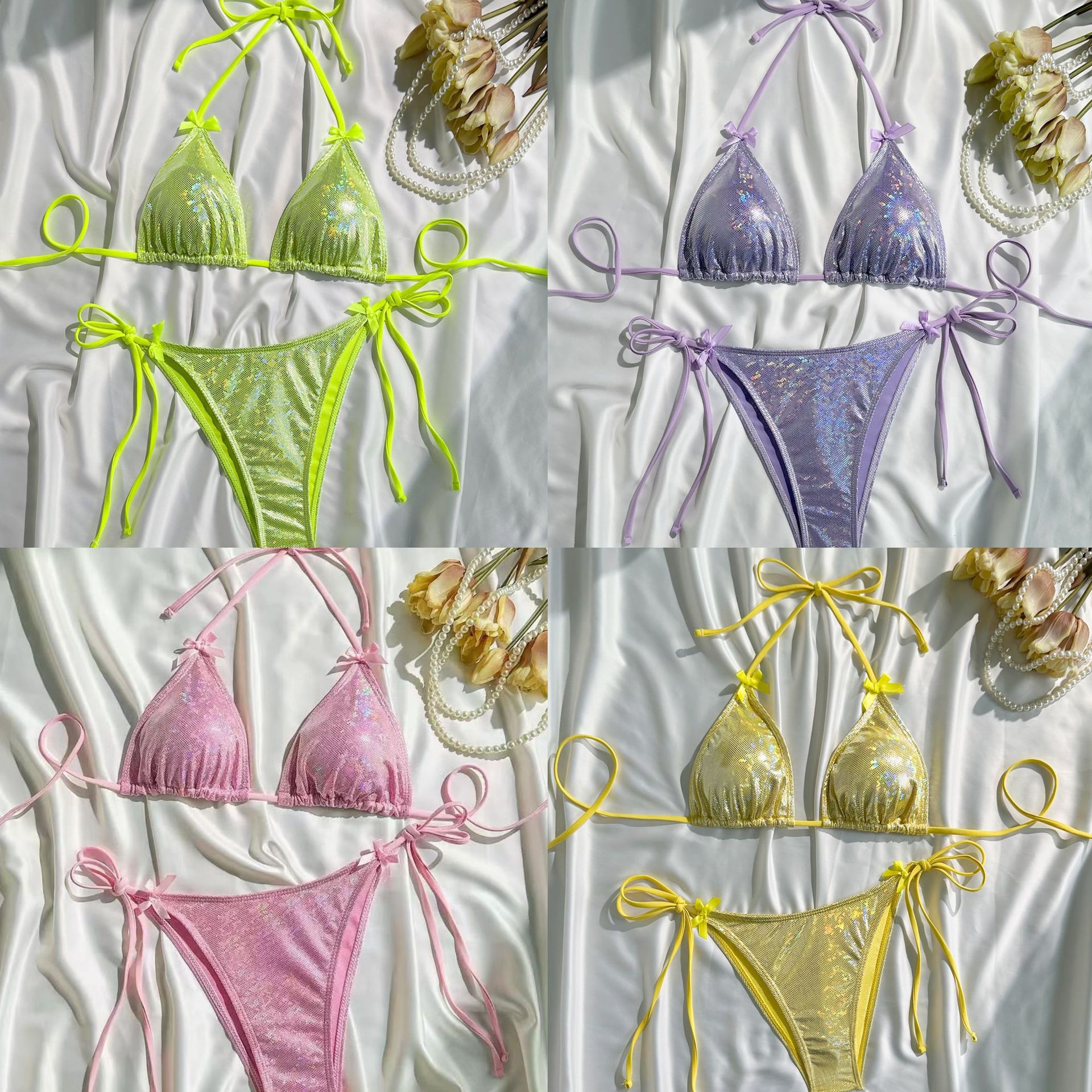 Solid Color Bow Knot Bikini For Women