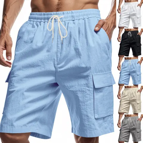 Loose Sports and Leisure Solid Color Linen Drawstring Shorts