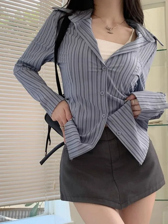 Blue With Long Sleeves Striped Shirt Blue - Shop at LoveMi