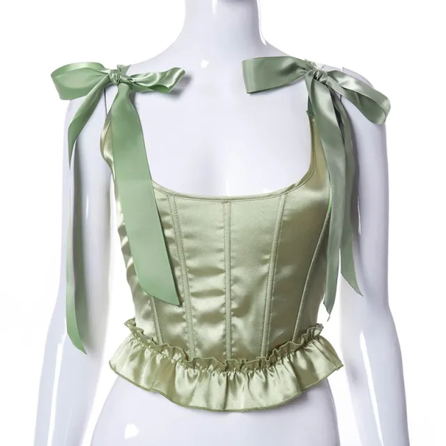 Fishbone Waist Bow Shoulder Strap Ruffled Top Green - Shop at LoveMi