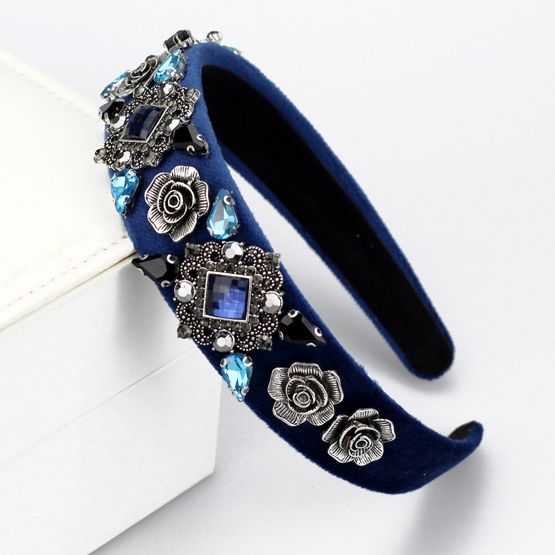 Navy Blue Rhinestone Handmade Vintage Headband With Baroque Flower And Pearls