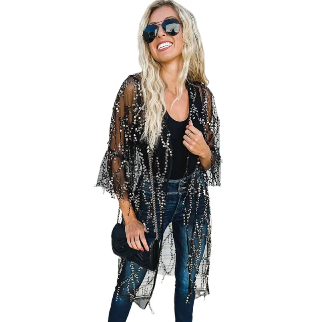 Sequined Transparent Mid length Cardigan For Women Autumn Black - Shop at LoveMi