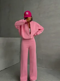 Women's European And American Leisure Cardigan Pants Two-piece Set - Pink - View 1
