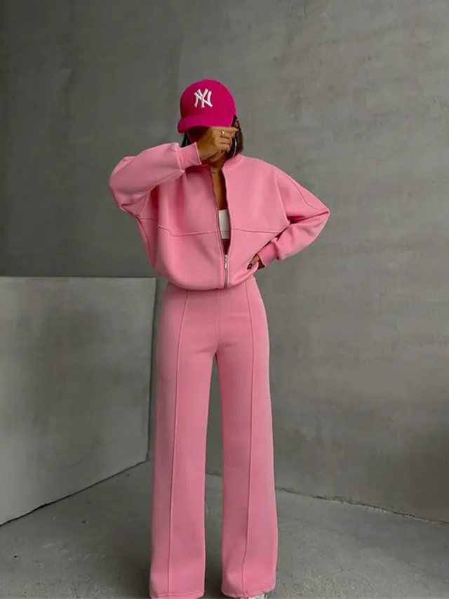 Women's European And American Leisure Cardigan Pants Two piece Set Pink - Shop at LoveMi