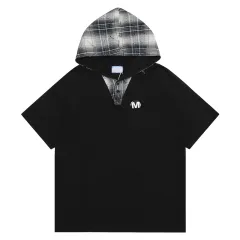 American Style Retro Patchwork Plaid Hooded Short Sleeve - Black - View 1