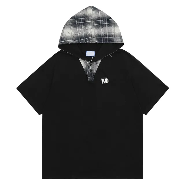 American Style Retro Patchwork Plaid Hooded Short Sleeve Black - Shop at LoveMi