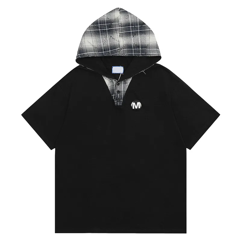 American Style Retro Patchwork Plaid Hooded Short Sleeve - Black