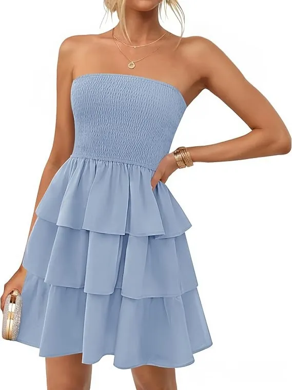 Women's Summer Pleated Tube Top Dress Off the shoulder Dress Light Blue - Shop at LoveMi