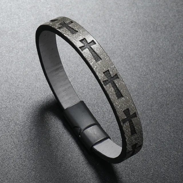 Alloy Leather Bracelet Men's Printed Cross Magnetic Buckle Bracelet Silver Black - Shop at LoveMi
