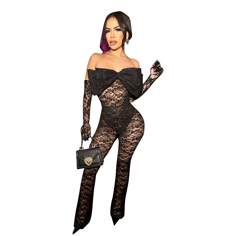 Title 6, Sexy Bow Tube Top Hollow Out See-through Jumpsuit