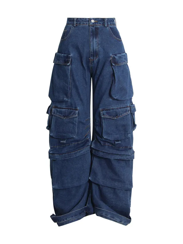 High Street Tooling Style Patchwork Pocket Design High Waist Wide Leg Slimming Dirty Jeans Blue - Shop at LoveMi
