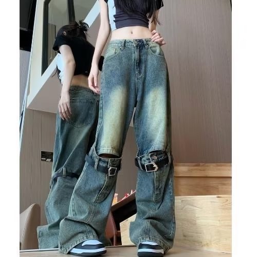 American Washed Distressed Belt Decorative Ripped Jeans Blue - Shop at LoveMi