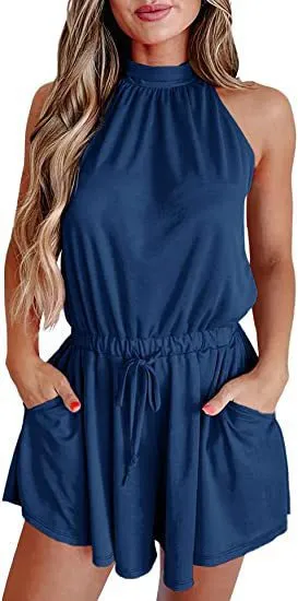 Women's Waist controlled Lace up Halter Loose Printed Jumpsuit Navy Blue - Shop at LoveMi