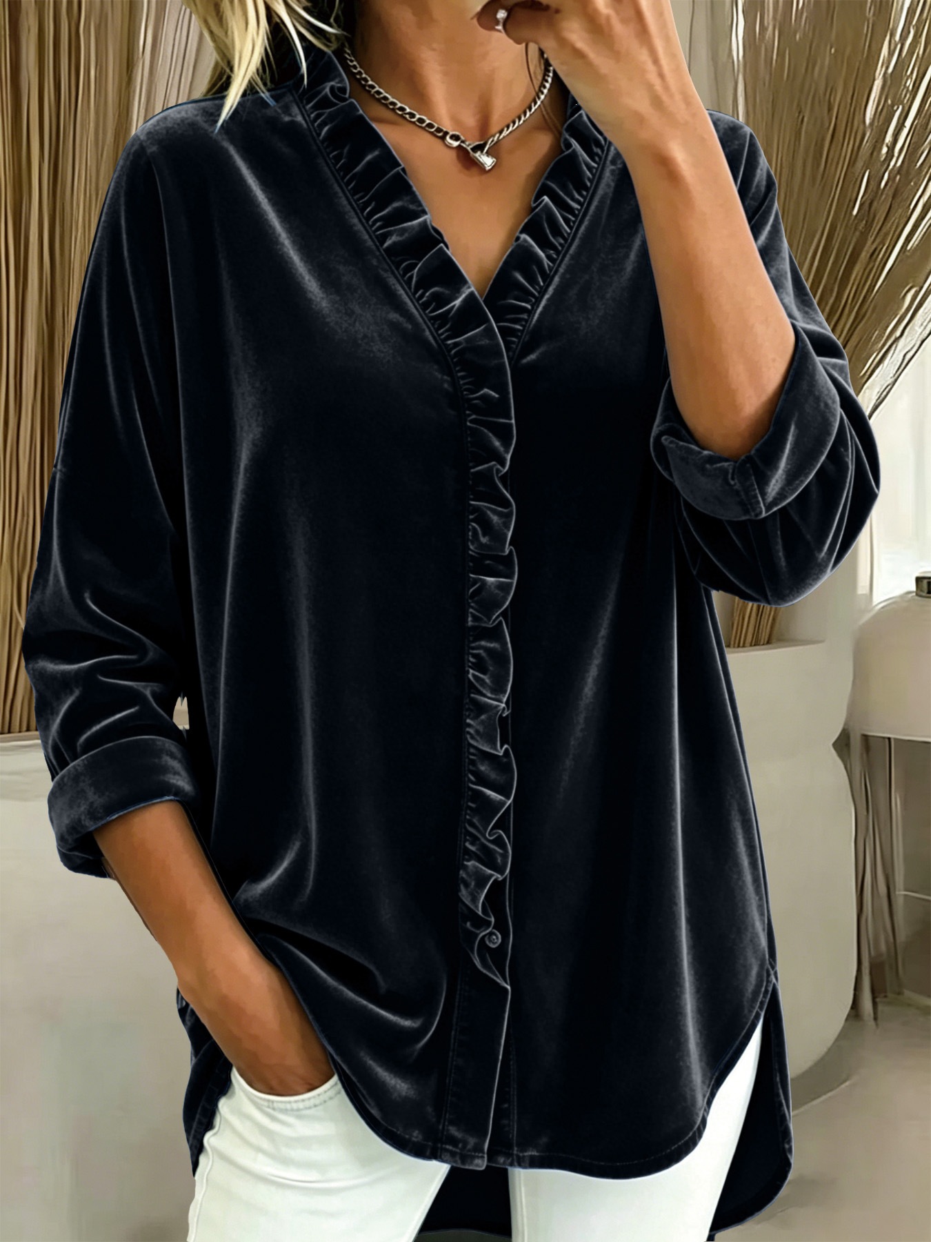 Women's velvet long sleeve blouse — solid color pullover top