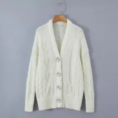 Women's American-style V-neck Rhinestone Buckle Heart-shaped Twist Knitted Sweater - Creamy White - View 1