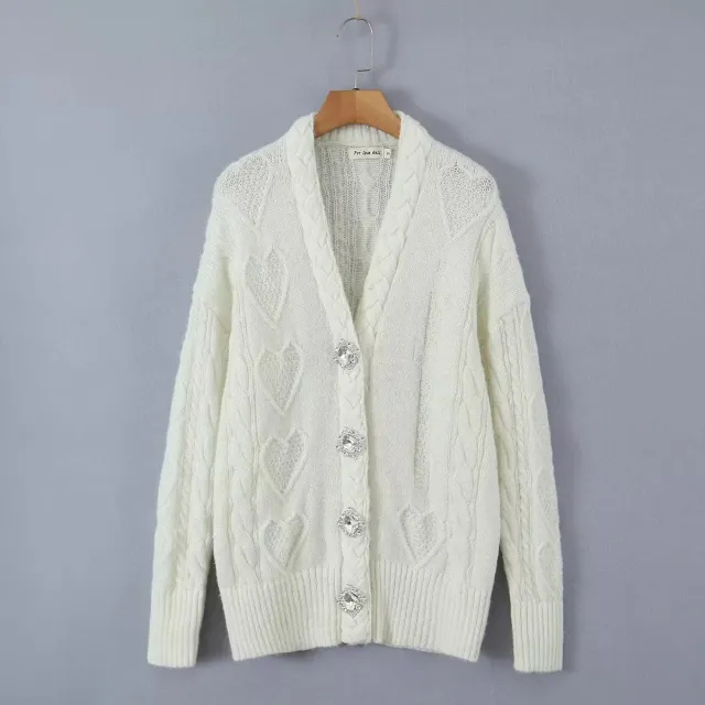 Women's American style V neck Rhinestone Buckle Heart shaped Twist Knitted Sweater Creamy White - Shop at LoveMi