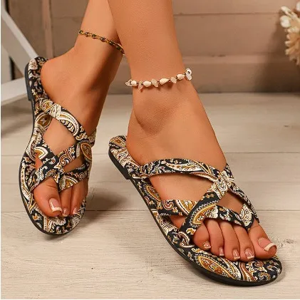 Women's Flat Printed Slippers New Summer Bohemian Ethnic Style - Black