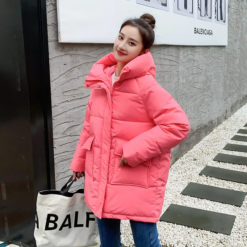 Winter Hooded Candy Color Loose And Warm Short Down Cotton Jacket Coat - Pink