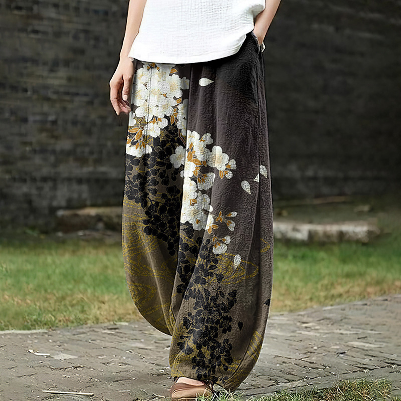 Womens Retro Artistic Floral Print Casual All-Match Pants