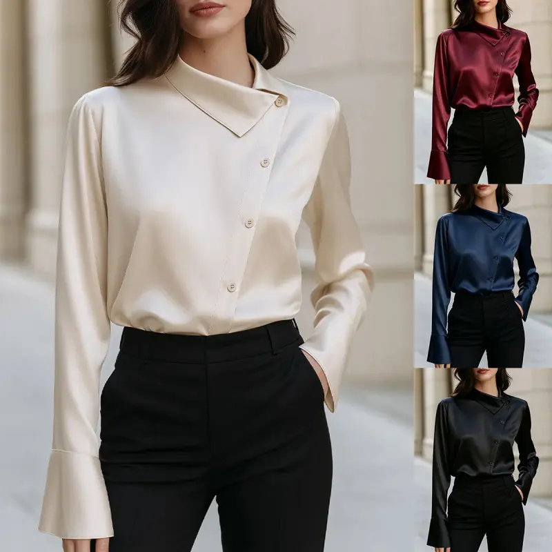 Solid-color Satin Long-sleeve Blouse