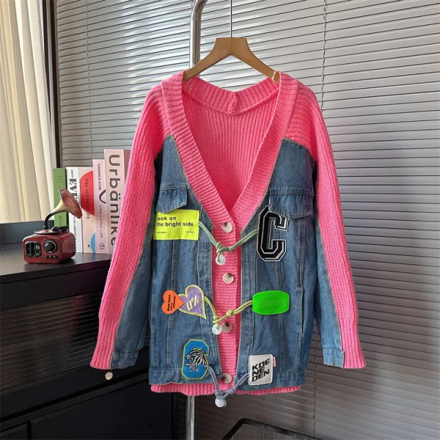 Denim Stitching Sweater Cardigan For Women Loose Knitted Coat Pink - Shop at LoveMi