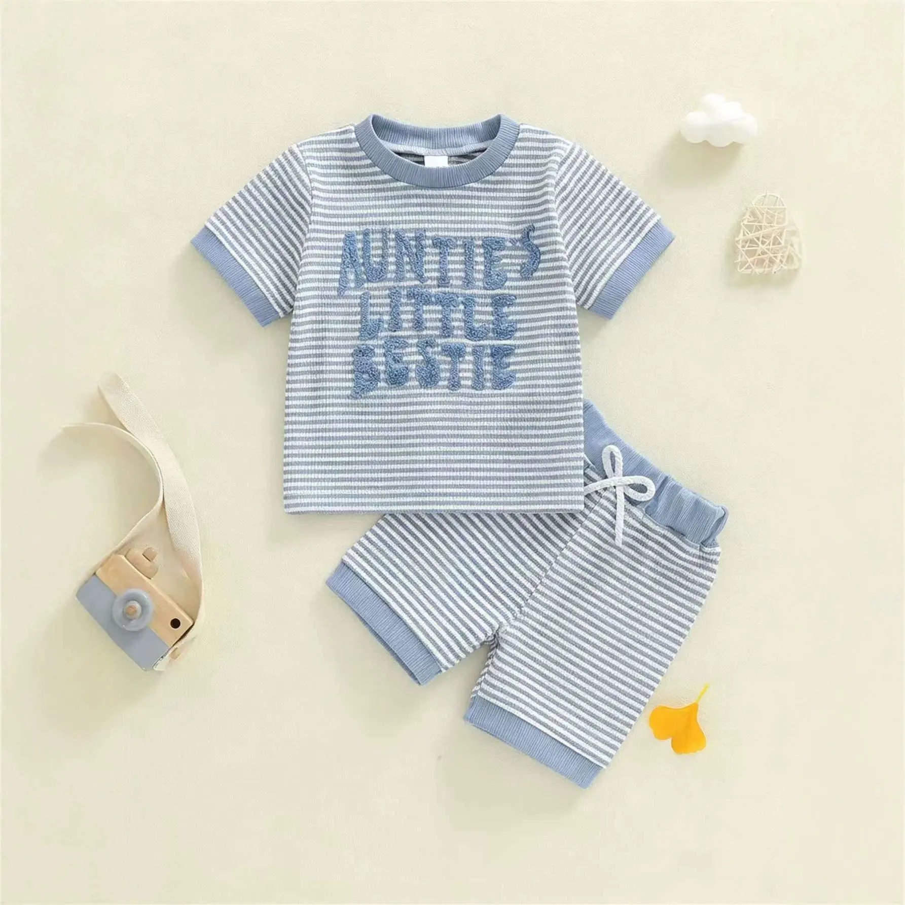 Casual Striped Waffle-knit Letter-embroidered Short-sleeve Top