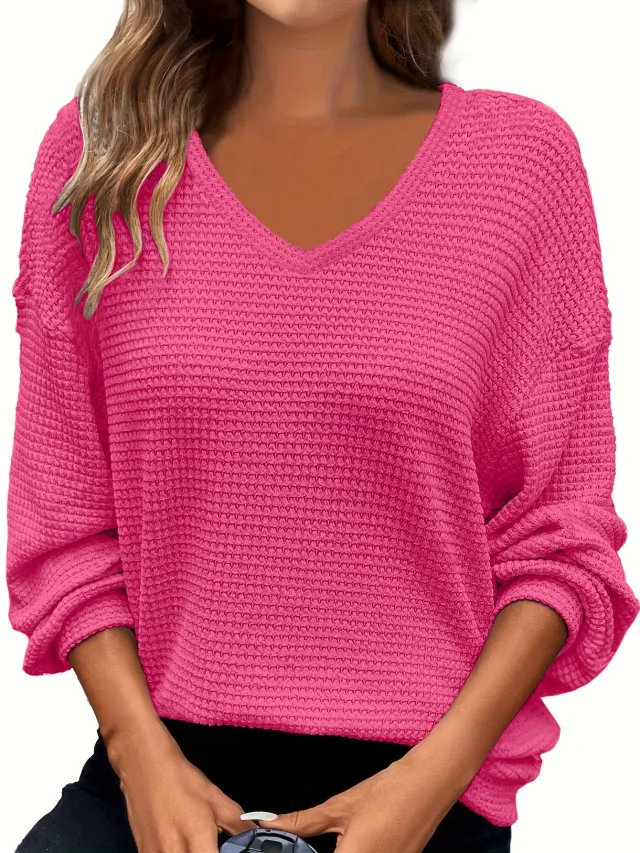 Solid color V neck Pineapple pattern Pullover Casual T shirt Pink - Shop at LoveMi