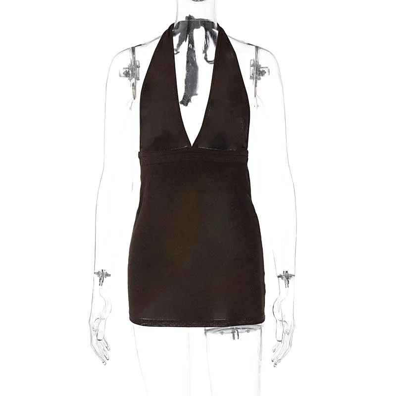 Women's V-neck Backless Skinny Sheath Dress - Brown