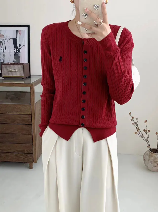 Women's Round Neck Sweater Small Cardigan Outer Wear Red - Shop at LoveMi