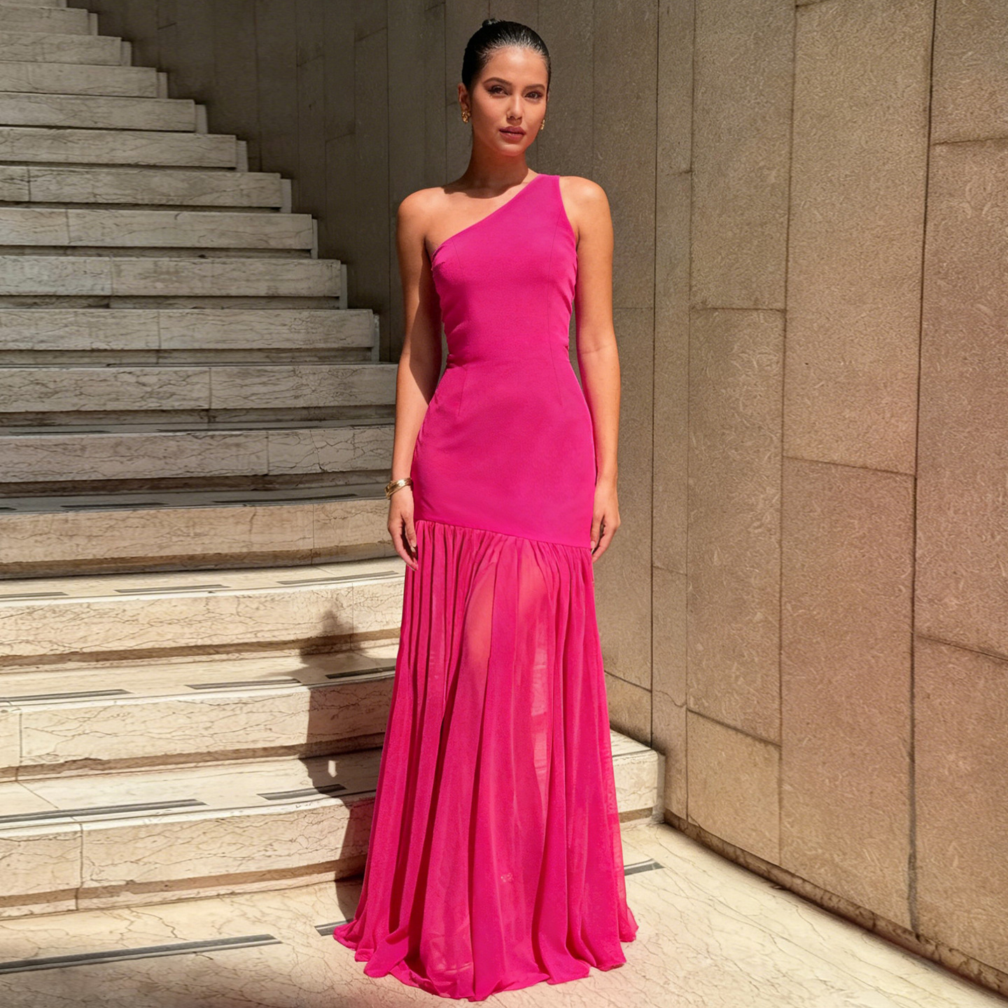 Off-Shoulder Solid-Color Patchwork Long Dress In A Resort Style