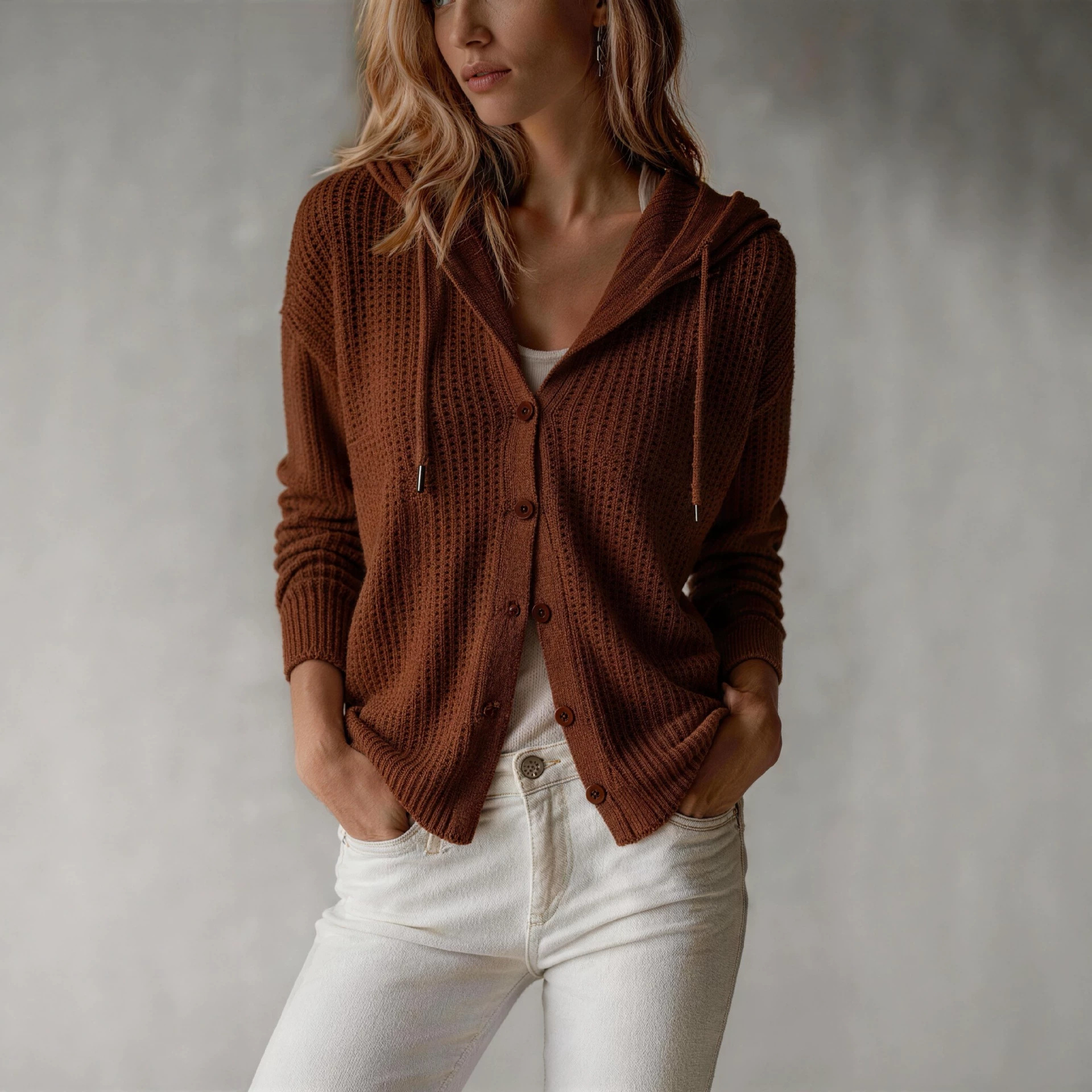 Hooded Knitted Cardigan Womens Loose-Fit Coat