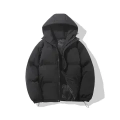Zipper Solid Color Hooded Padded Jacket - Black - View 1