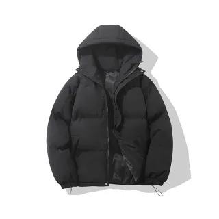 Zipper Solid Color Hooded Padded Jacket - Black