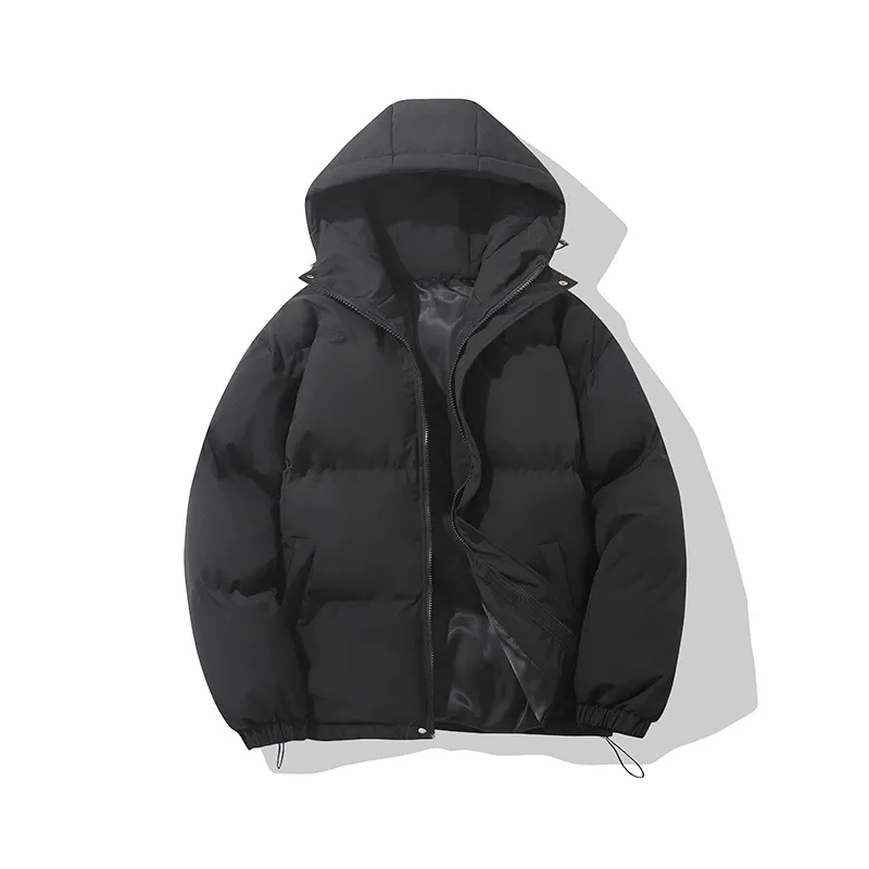 Zipper Solid Color Hooded Padded Jacket - Black