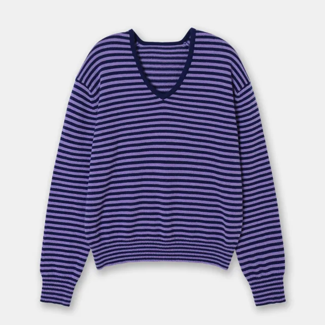 Drop shoulder Sleeve Thin Woolen Sweater Ultra fine Mernu Wool V neck Striped Knitted Top Purple Stripes - Shop at LoveMi