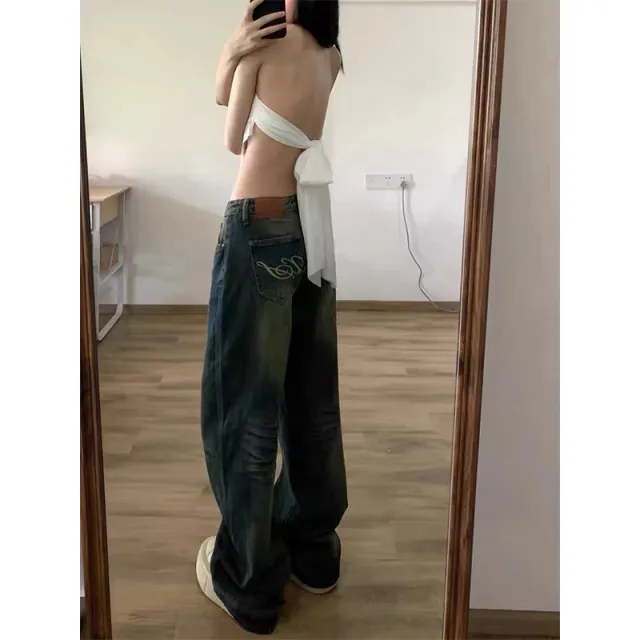 Plus Size Vintage Jeans Women's High Waist Baggy Straight Trousers Blue - Shop at LoveMi