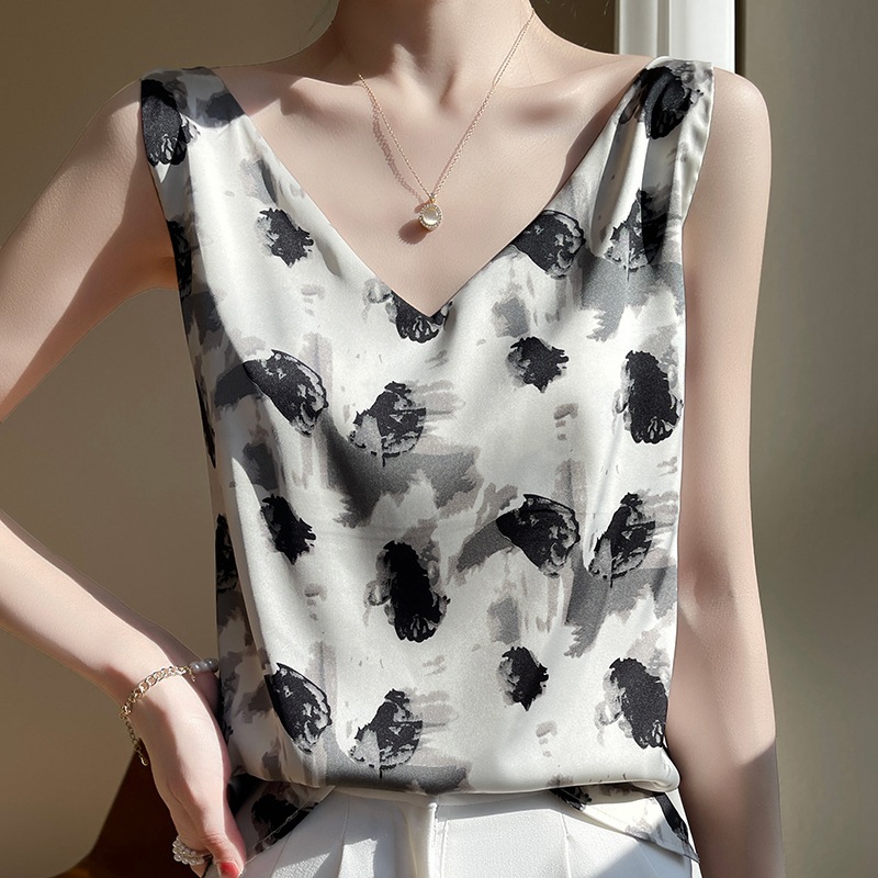 Satin Crew-Neck Camisole Womens Inner Layer Wide-Shoulder-Strap Sleeveless Printed Top
