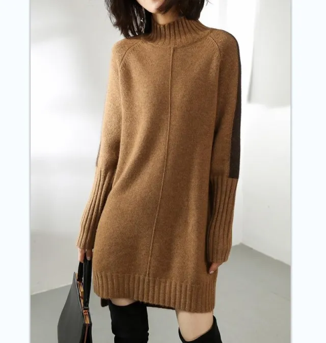 Women's Autumn Half Turtleneck Color matching Dress Sweater Yellow Camel - Shop at LoveMi