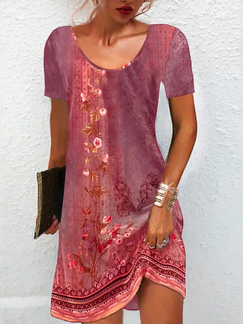 New Summer Floral Print Short-Sleeve Dress For Europe And The US - Red