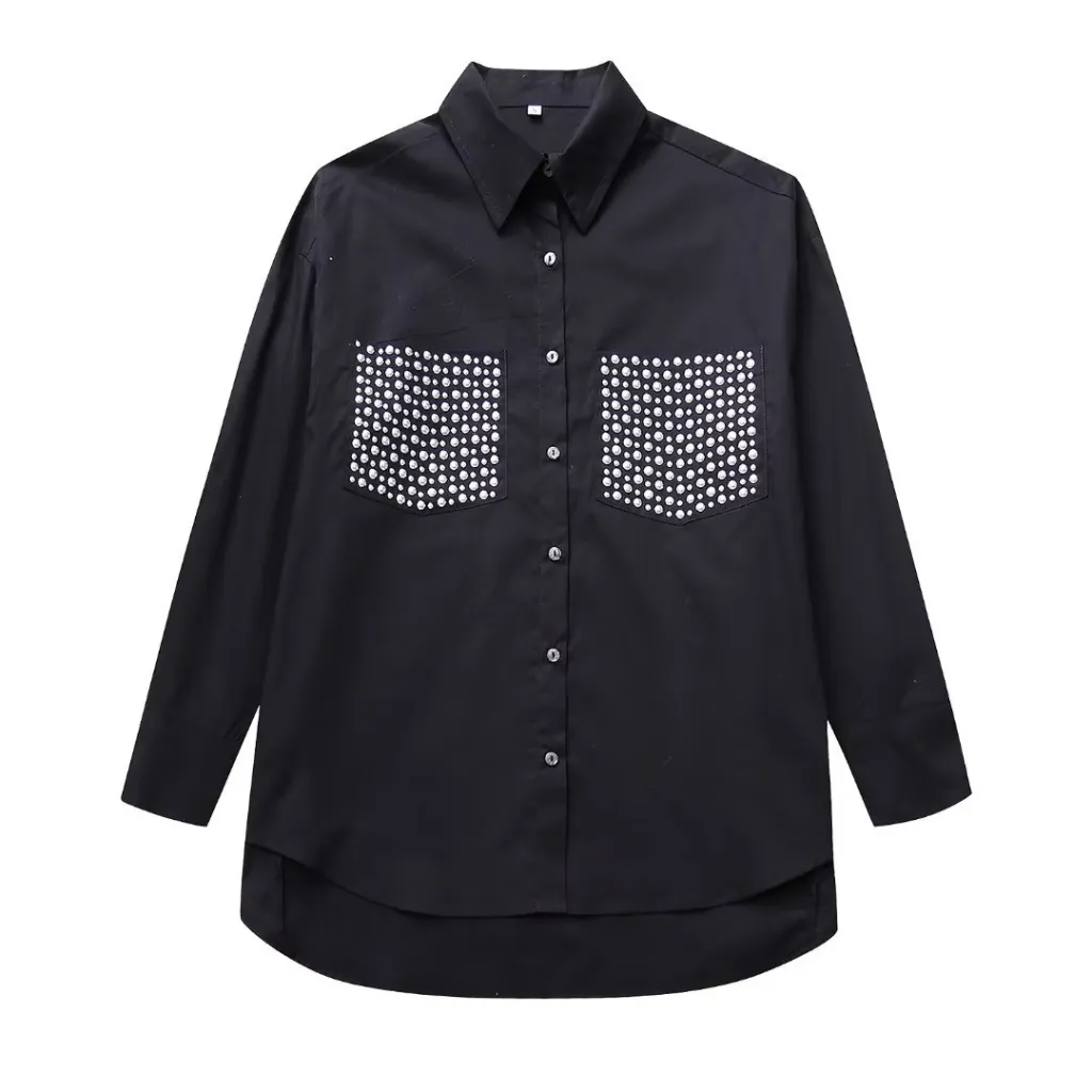 Street Trendy Rivet Ornament Loose Long Sleeve Shirt Women - Black