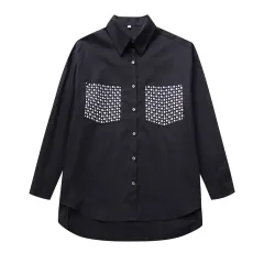 Street Trendy Rivet Ornament Loose Long Sleeve Shirt Women - Black - View 1
