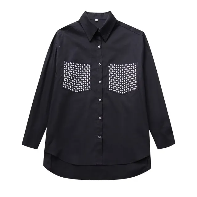 Street Trendy Rivet Ornament Loose Long Sleeve Shirt Women Black - Shop at LoveMi