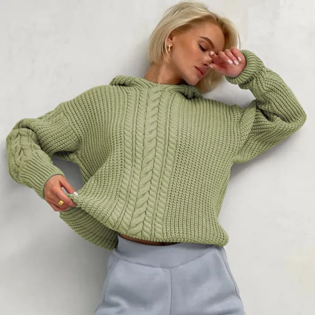 Women's Autumn Hooded Long sleeved Knitted Sweater Green - Shop at LoveMi