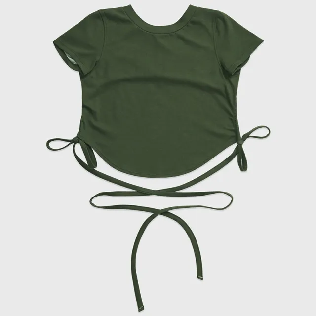 Summer New Yoga Wear Lace up Winding Back Hollow Sexy Sports Short sleeved T shirt Green - Shop at LoveMi