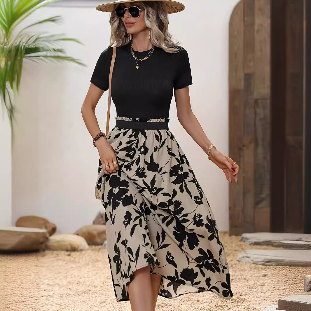 Floral Print Round Collar Skirt Suit Exotic Vacation Style Elegant Skirt Suit