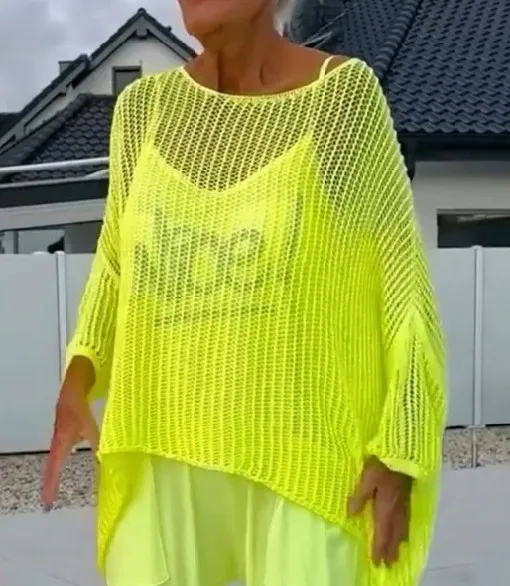 Casual Loose Letter Pocket Jumpsuit Openwork Knitted Top Two piece Set Yellow Coat - Shop at LoveMi