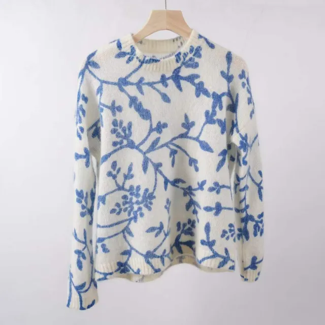 Mohair Printed Pullover Elegant Flower Porcelain Style Blue Pattern - Shop at LoveMi