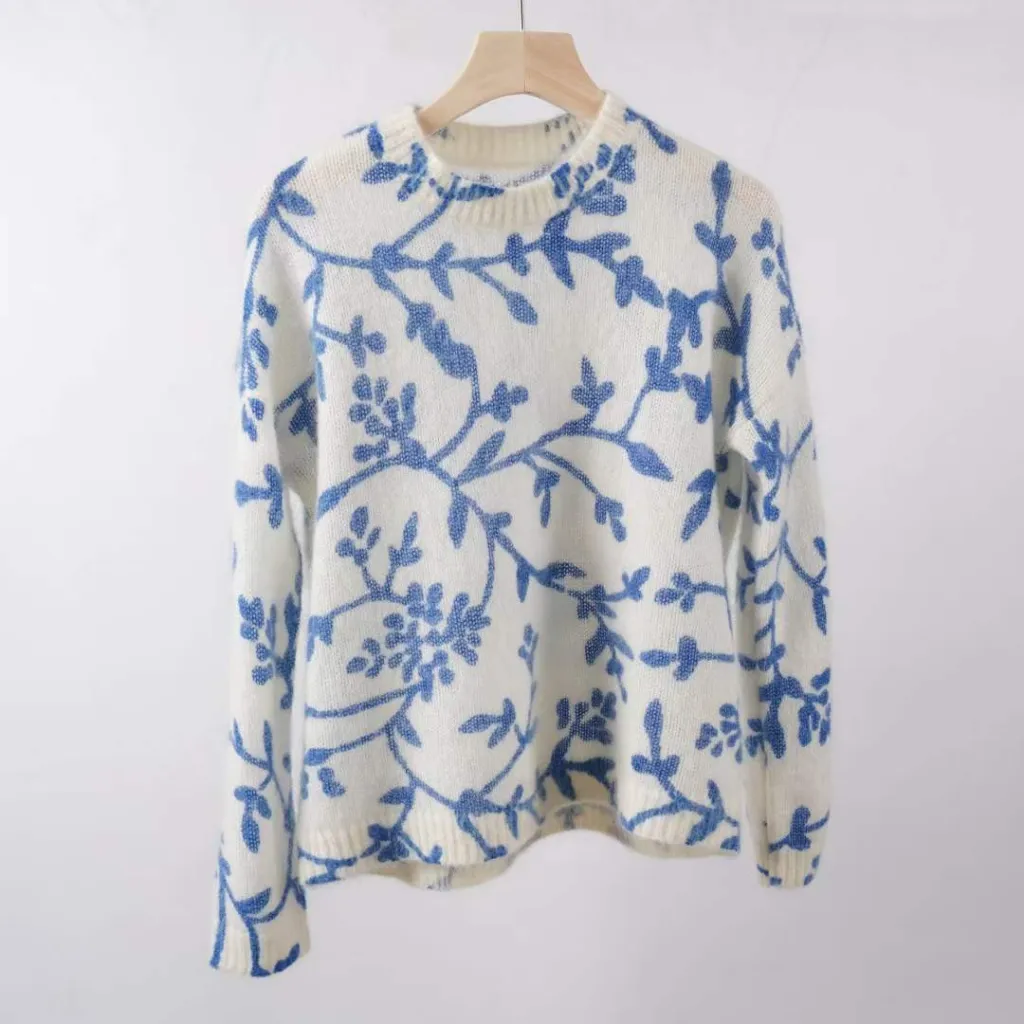 Mohair Printed Pullover Elegant Flower Porcelain Style - Blue Pattern