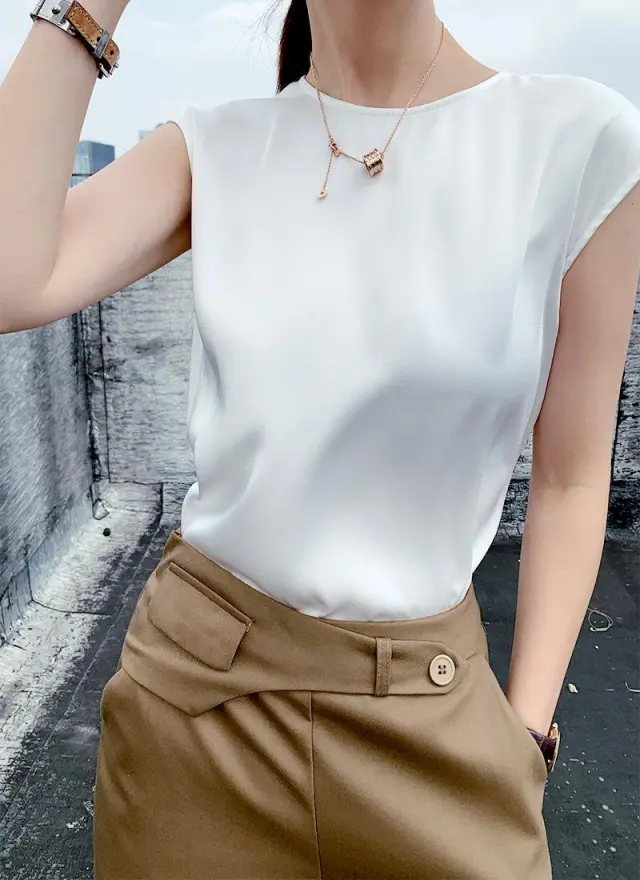 Women's Summer Round Neck Satin Sleeveless Spaghetti strap Camisole Top White - Shop at LoveMi